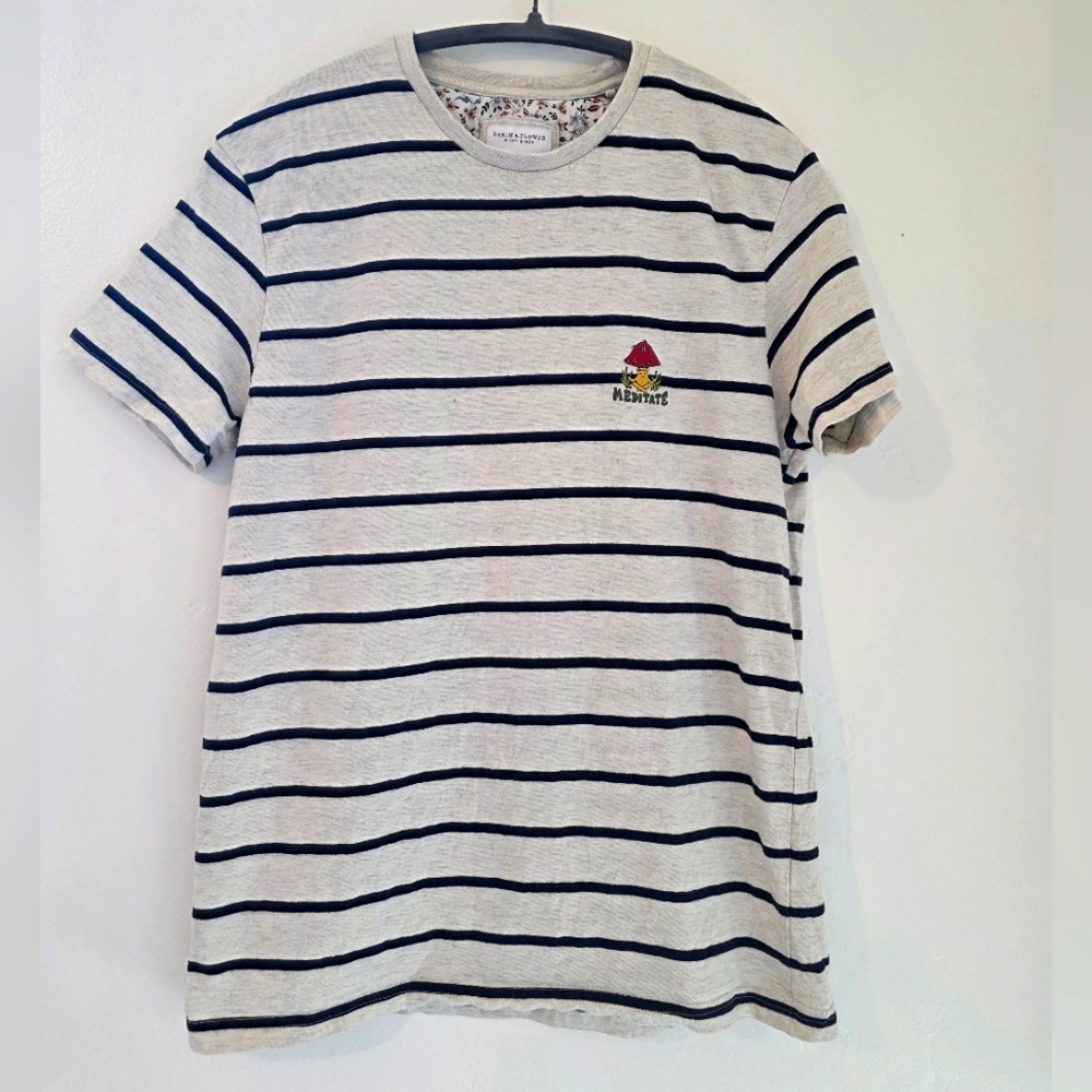 Denim & Flower Striped Tee | “Meditate” Mushroom Graphic | Men’s S